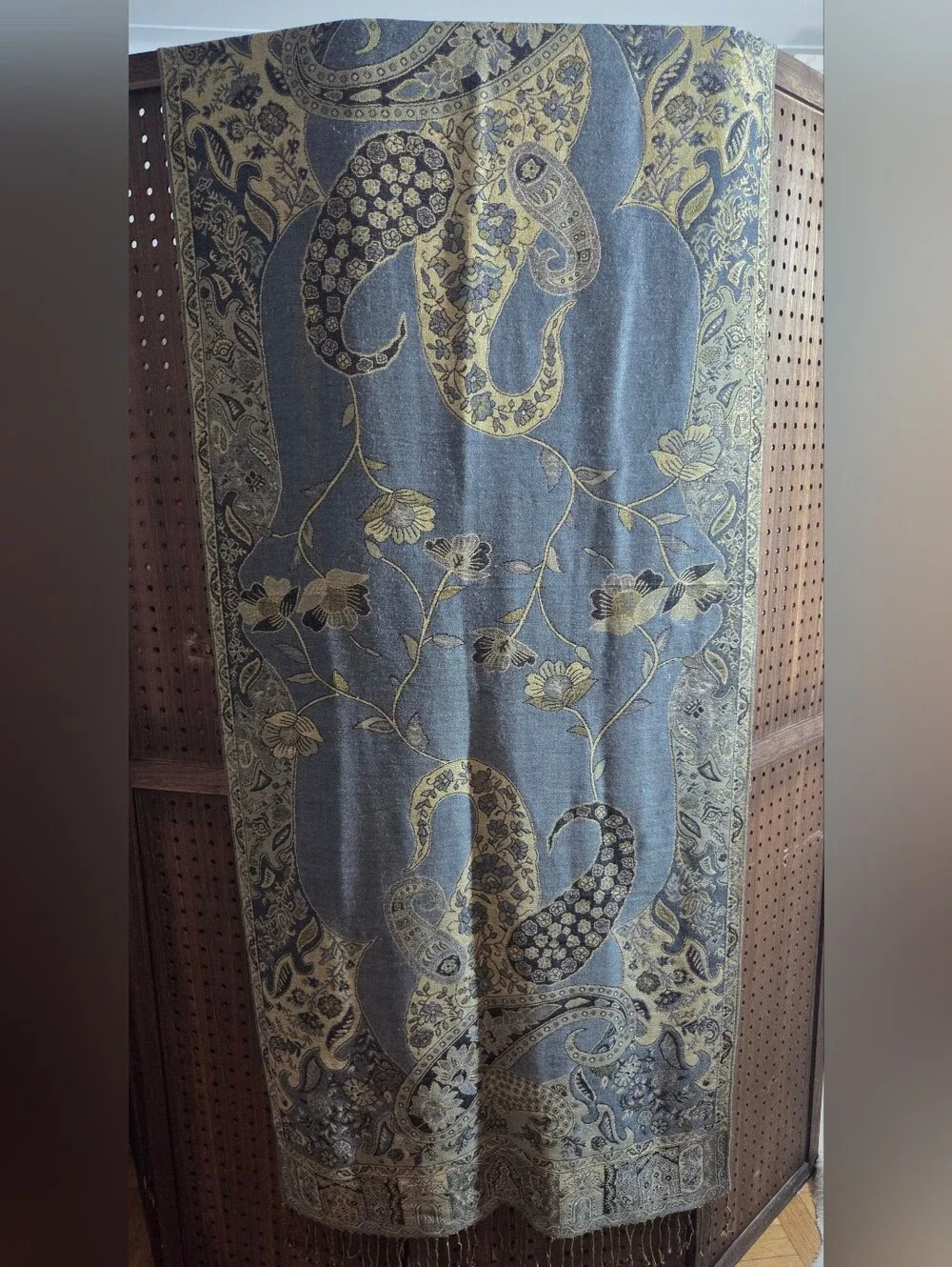 NEW Pashmina slate blue and gold jacquard paisley shawl